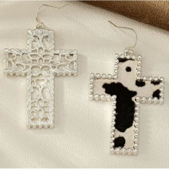 Cow Print Cross Earrings With Silver Bead Detailing NEW - Picture 3 of 3